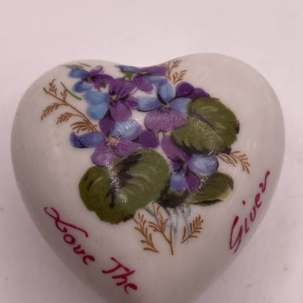 Vintage Porcelain Heart Trinket Box Violets Love The Giver Mid Century